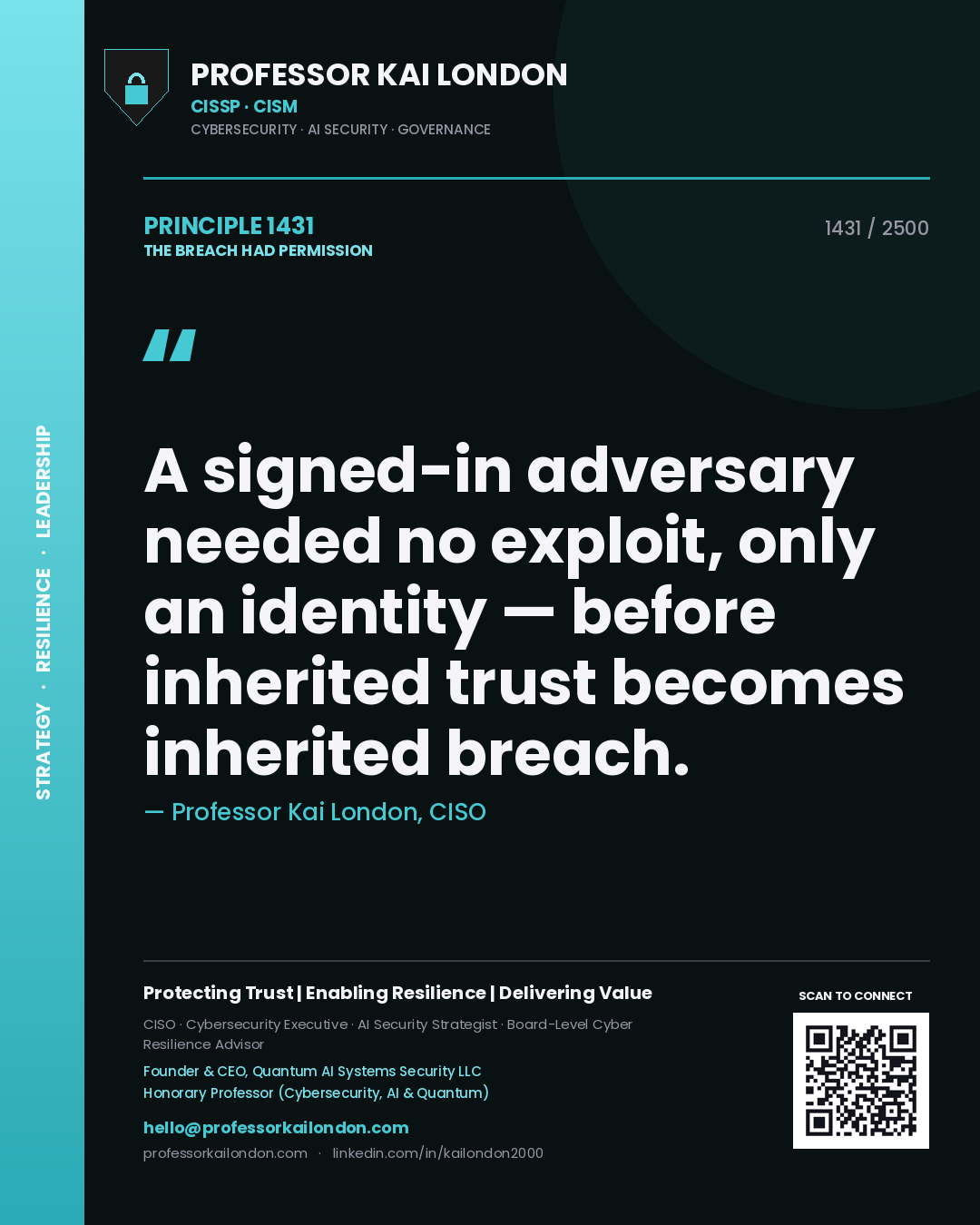 Professor Kai London principle 1431: A signed-in adversary needed no exploit, only an identity — before inherited trust becomes inherited breach.