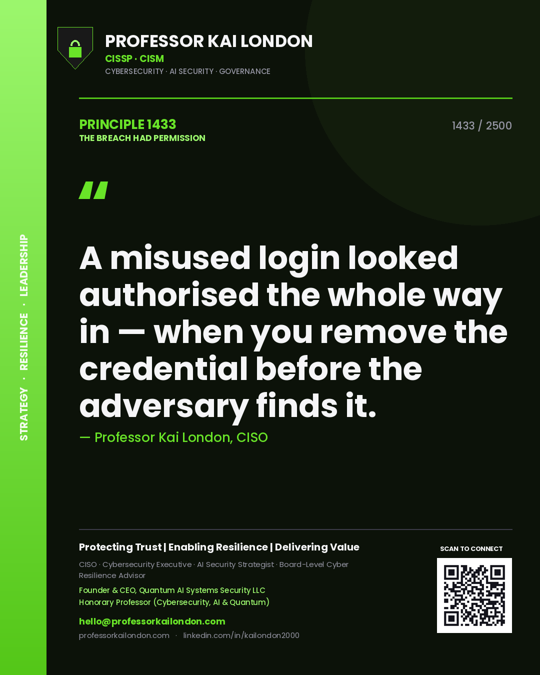 Professor Kai London principle 1433: A misused login looked authorised the whole way in — when you remove the credential before the adversary finds it.
