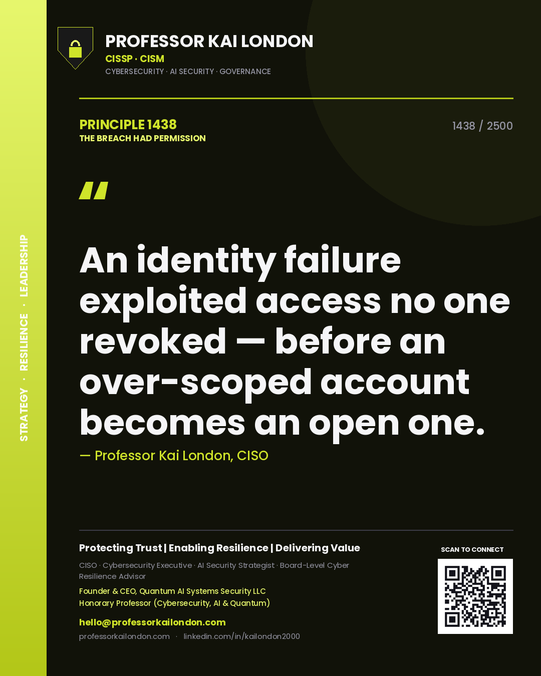 Professor Kai London principle 1438: An identity failure exploited access no one revoked — before an over-scoped account becomes an open one.