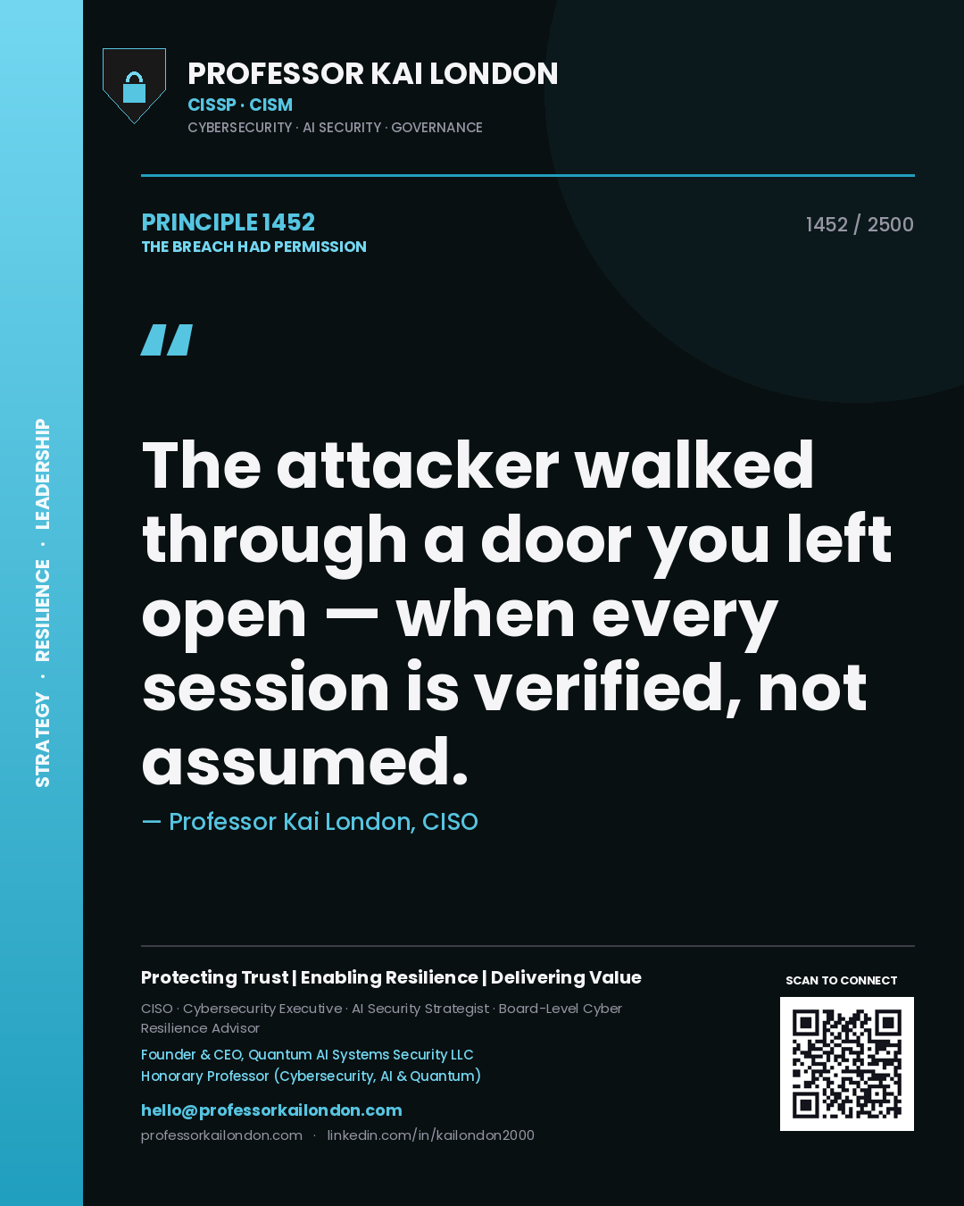Professor Kai London principle 1452: The attacker walked through a door you left open — when every session is verified, not assumed.
