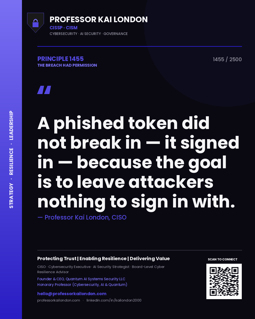 Professor Kai London principle 1455: A phished token did not break in — it signed in — because the goal is to leave attackers nothing to sign in with.