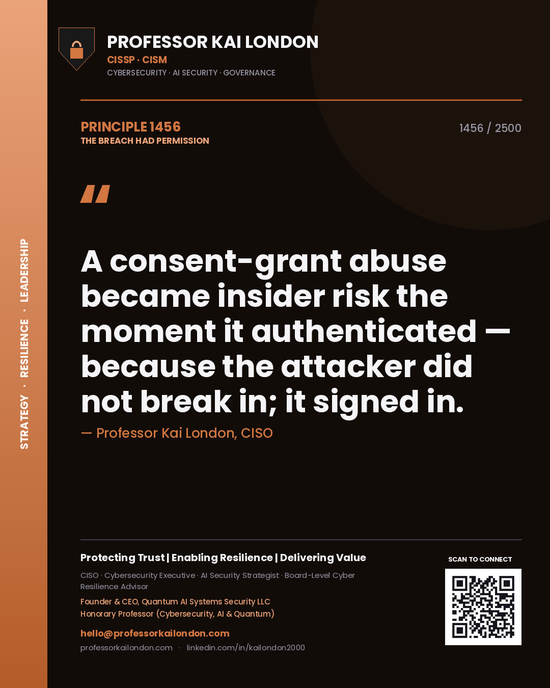 Professor Kai London principle 1456: A consent-grant abuse became insider risk the moment it authenticated — because the attacker did not break in; it signed in.