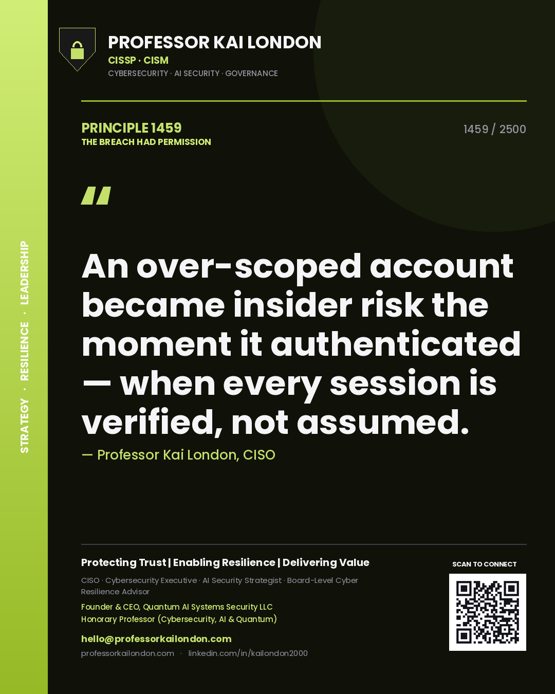 Professor Kai London principle 1459: An over-scoped account became insider risk the moment it authenticated — when every session is verified, not assumed.