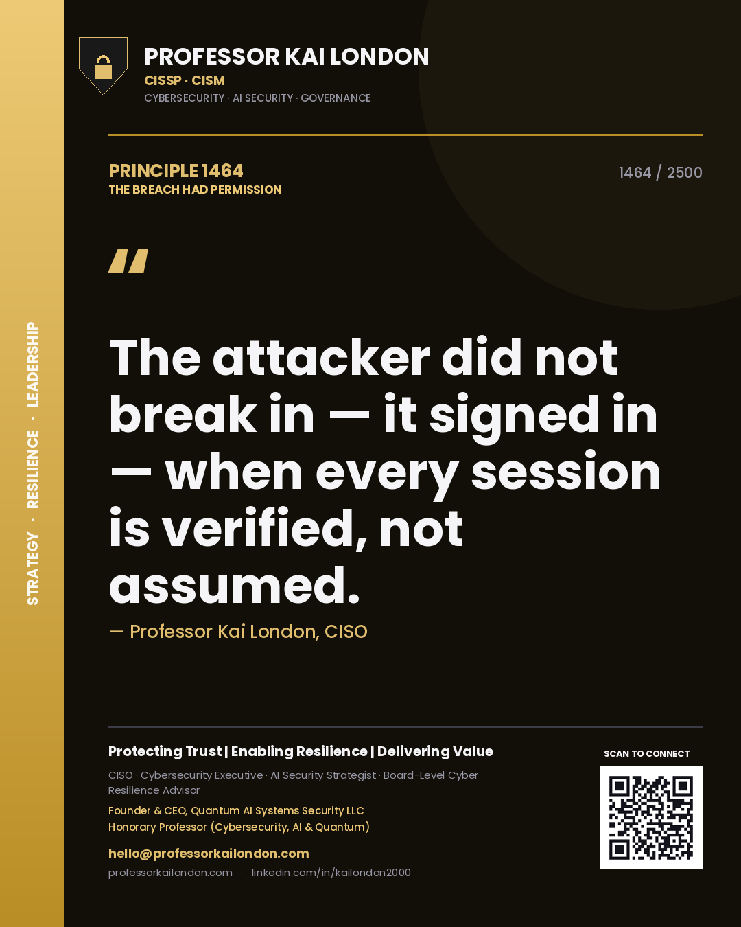 Professor Kai London principle 1464: The attacker did not break in — it signed in — when every session is verified, not assumed.