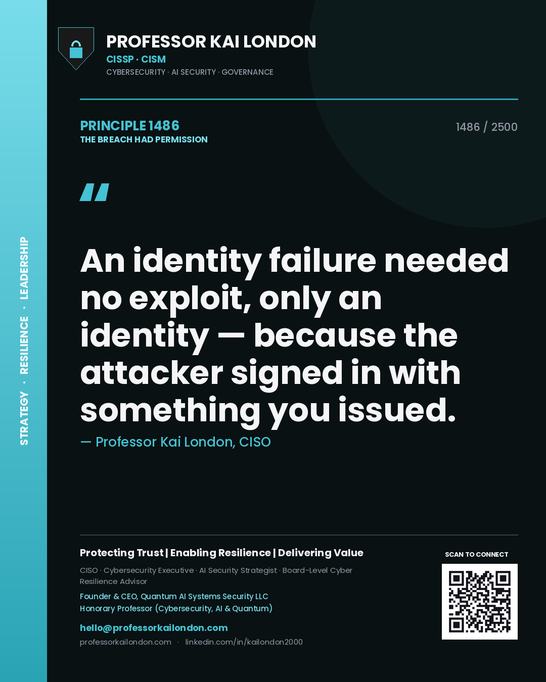Professor Kai London principle 1486: An identity failure needed no exploit, only an identity — because the attacker signed in with something you issued.