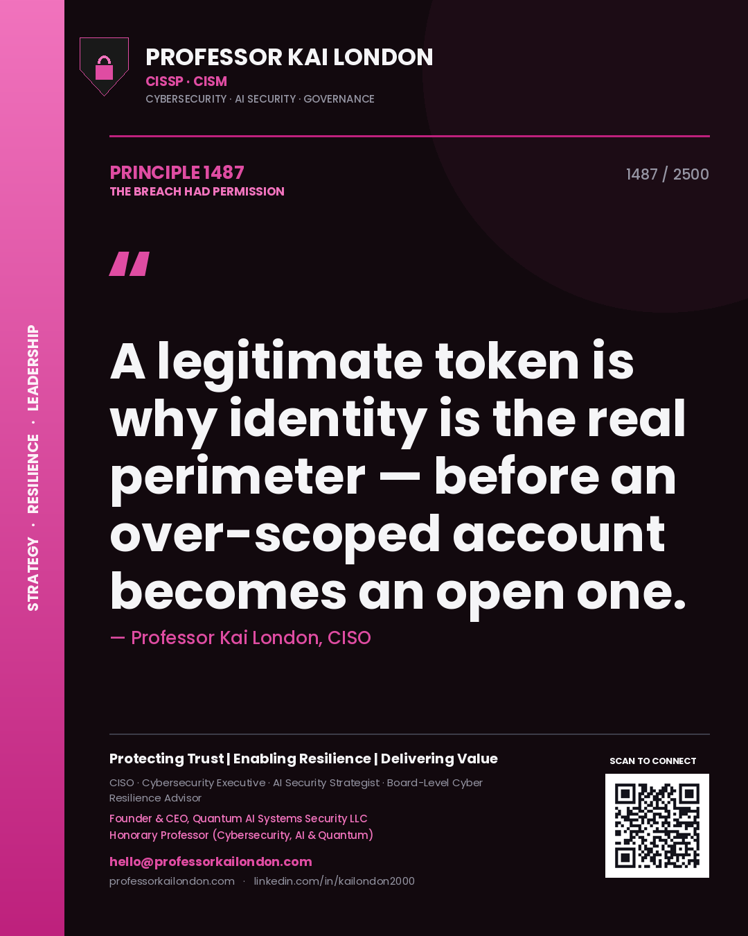 Professor Kai London principle 1487: A legitimate token is why identity is the real perimeter — before an over-scoped account becomes an open one.