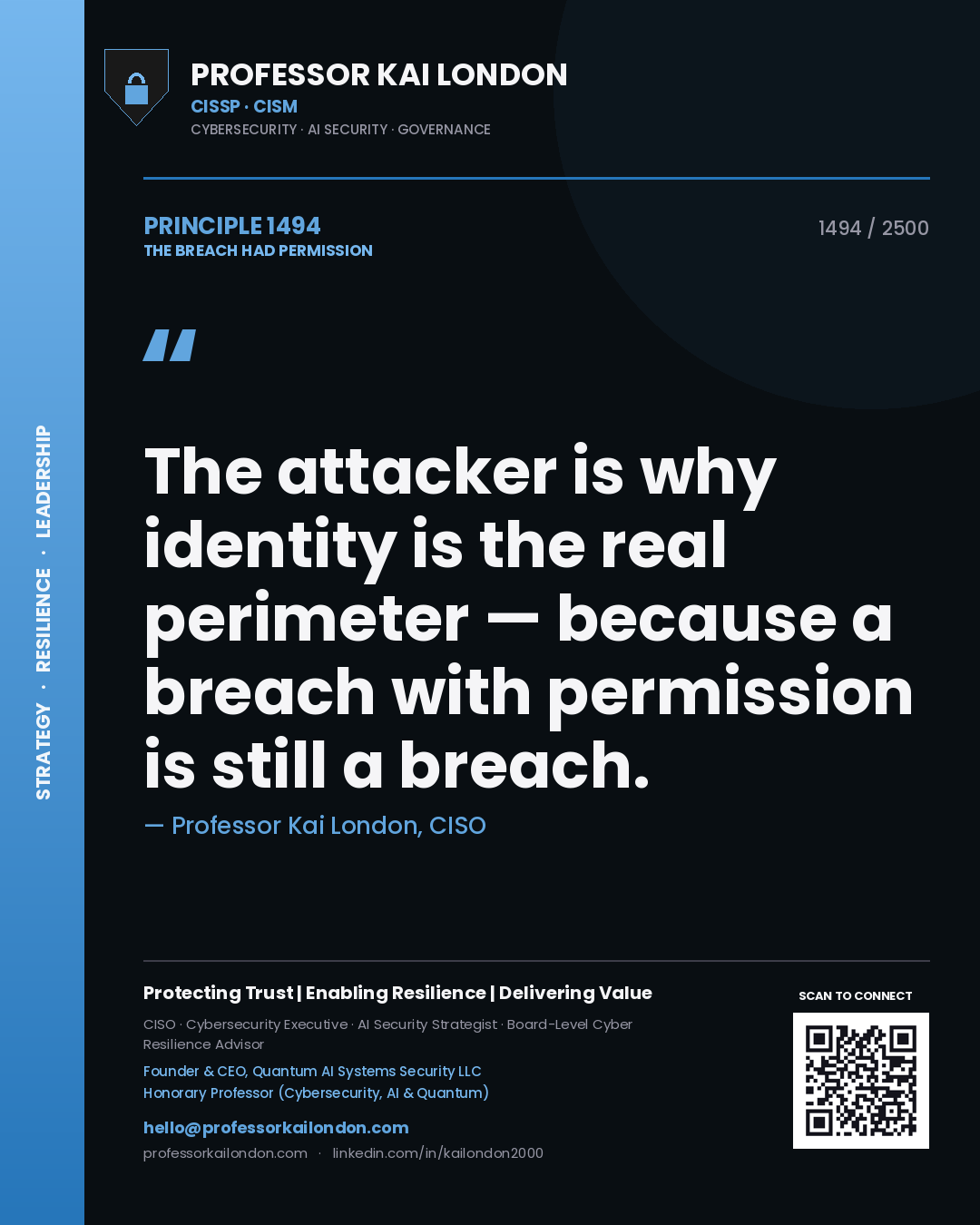 Professor Kai London principle 1494: The attacker is why identity is the real perimeter — because a breach with permission is still a breach.