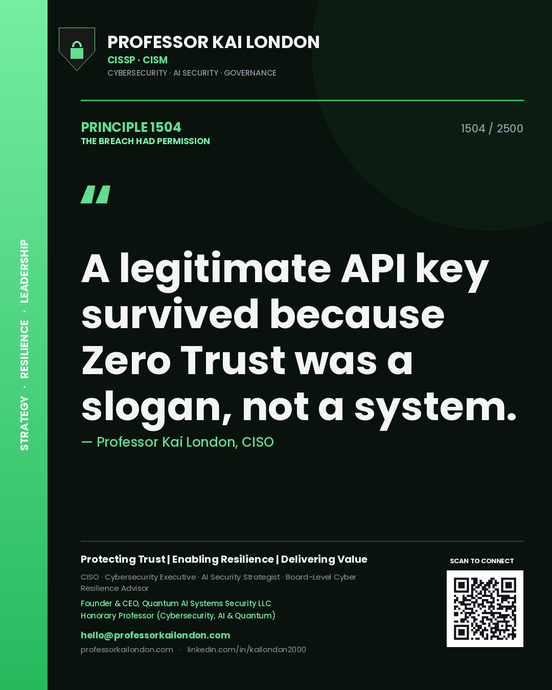 Professor Kai London principle 1504: A legitimate API key survived because Zero Trust was a slogan, not a system.