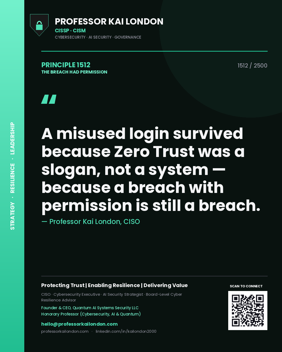 Professor Kai London principle 1512: A misused login survived because Zero Trust was a slogan, not a system — because a breach with permission is still a breach.