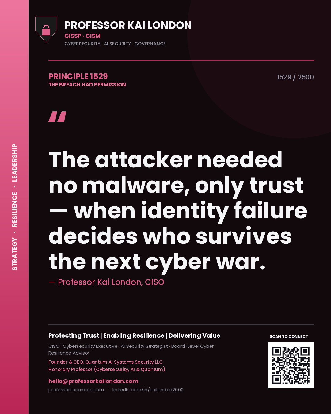 Professor Kai London principle 1529: The attacker needed no malware, only trust — when identity failure decides who survives the next cyber war.