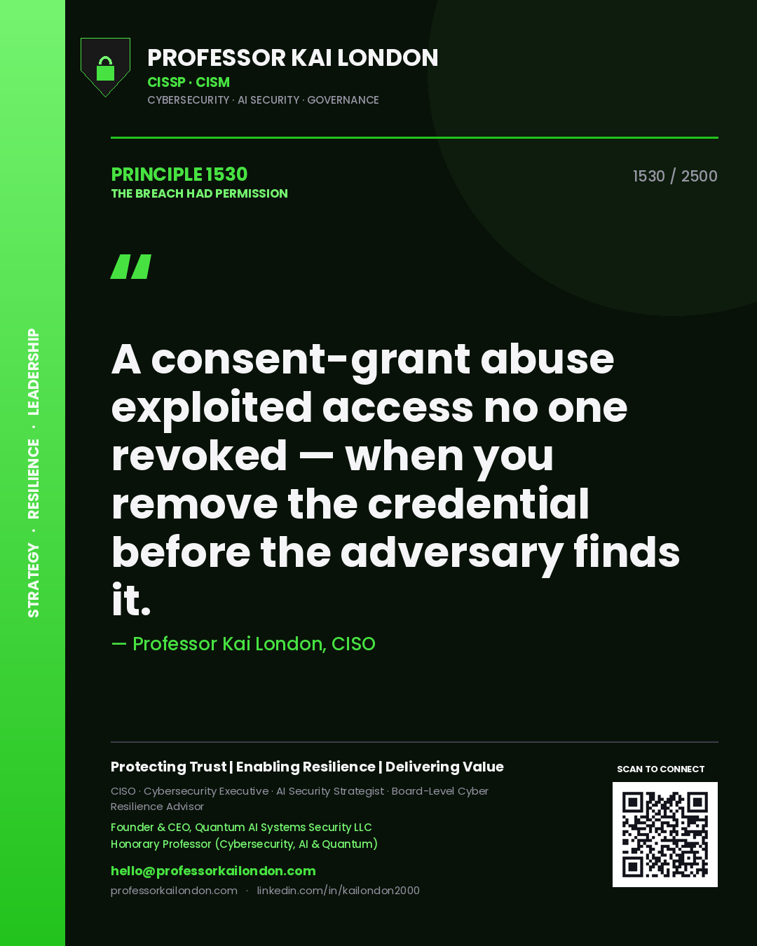 Professor Kai London principle 1530: A consent-grant abuse exploited access no one revoked — when you remove the credential before the adversary finds it.