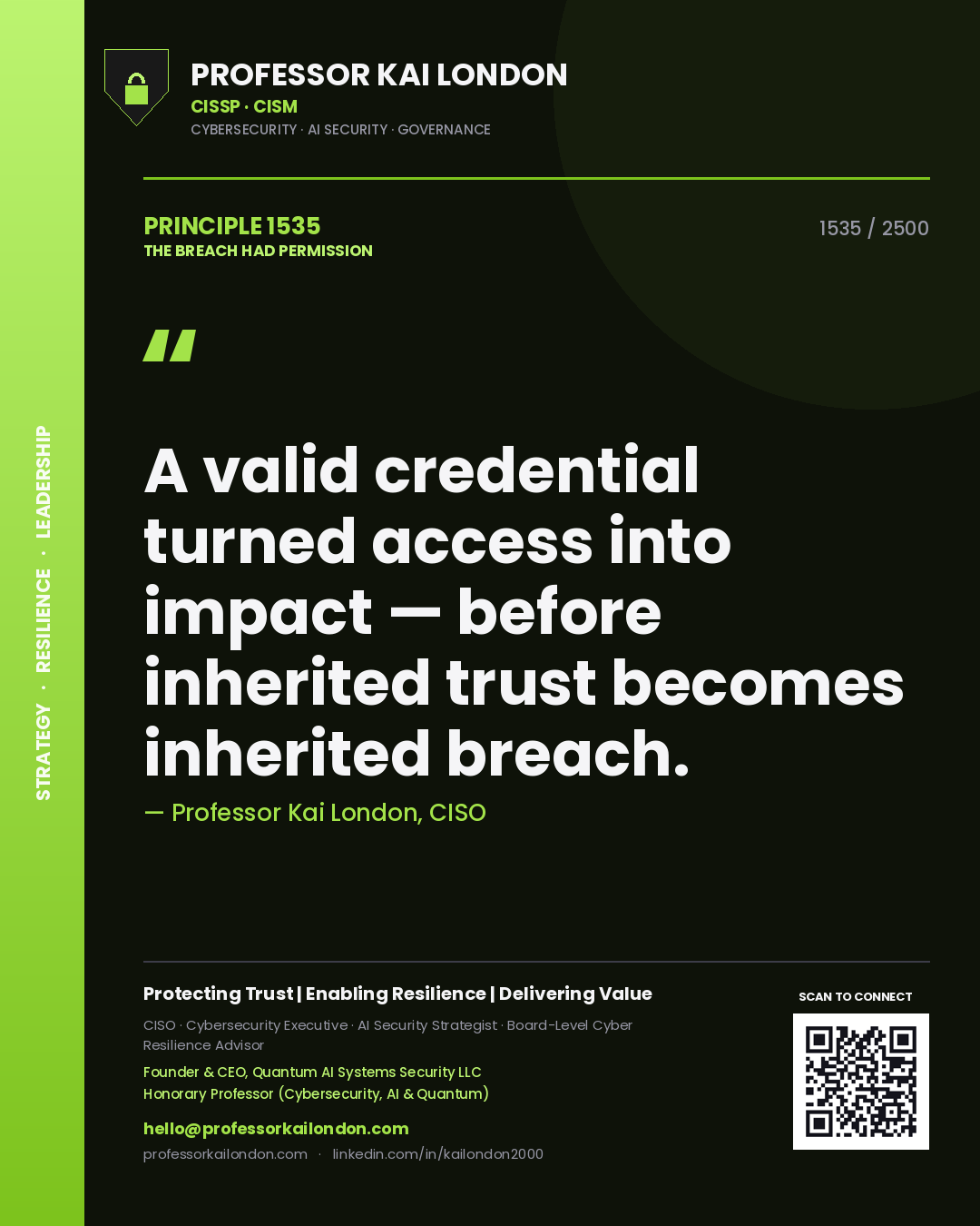 Professor Kai London principle 1535: A valid credential turned access into impact — before inherited trust becomes inherited breach.