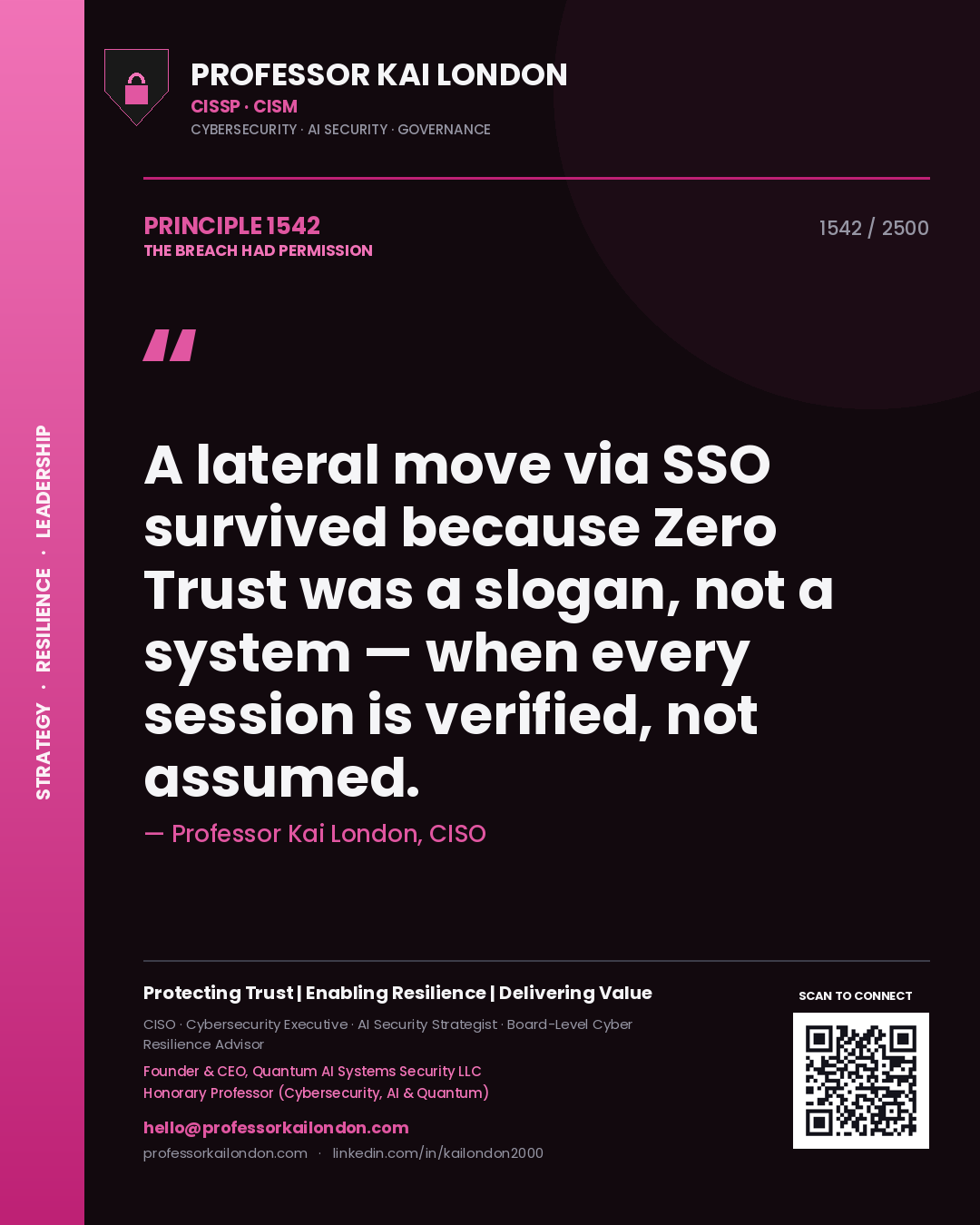 Professor Kai London principle 1542: A lateral move via SSO survived because Zero Trust was a slogan, not a system — when every session is verified, not assumed.