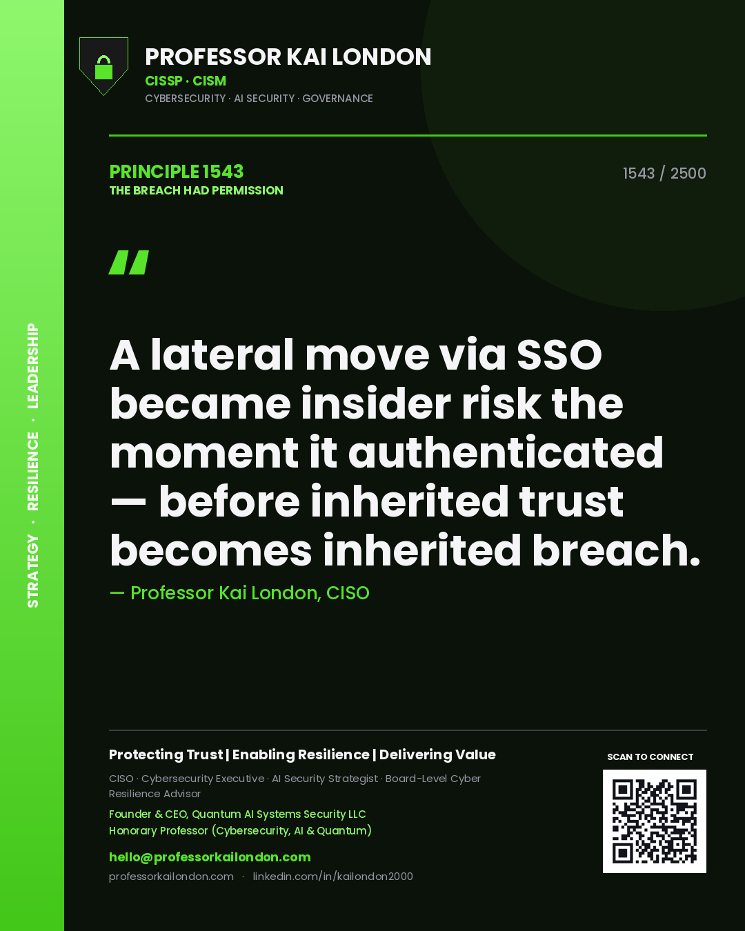 Professor Kai London principle 1543: A lateral move via SSO became insider risk the moment it authenticated — before inherited trust becomes inherited breach.