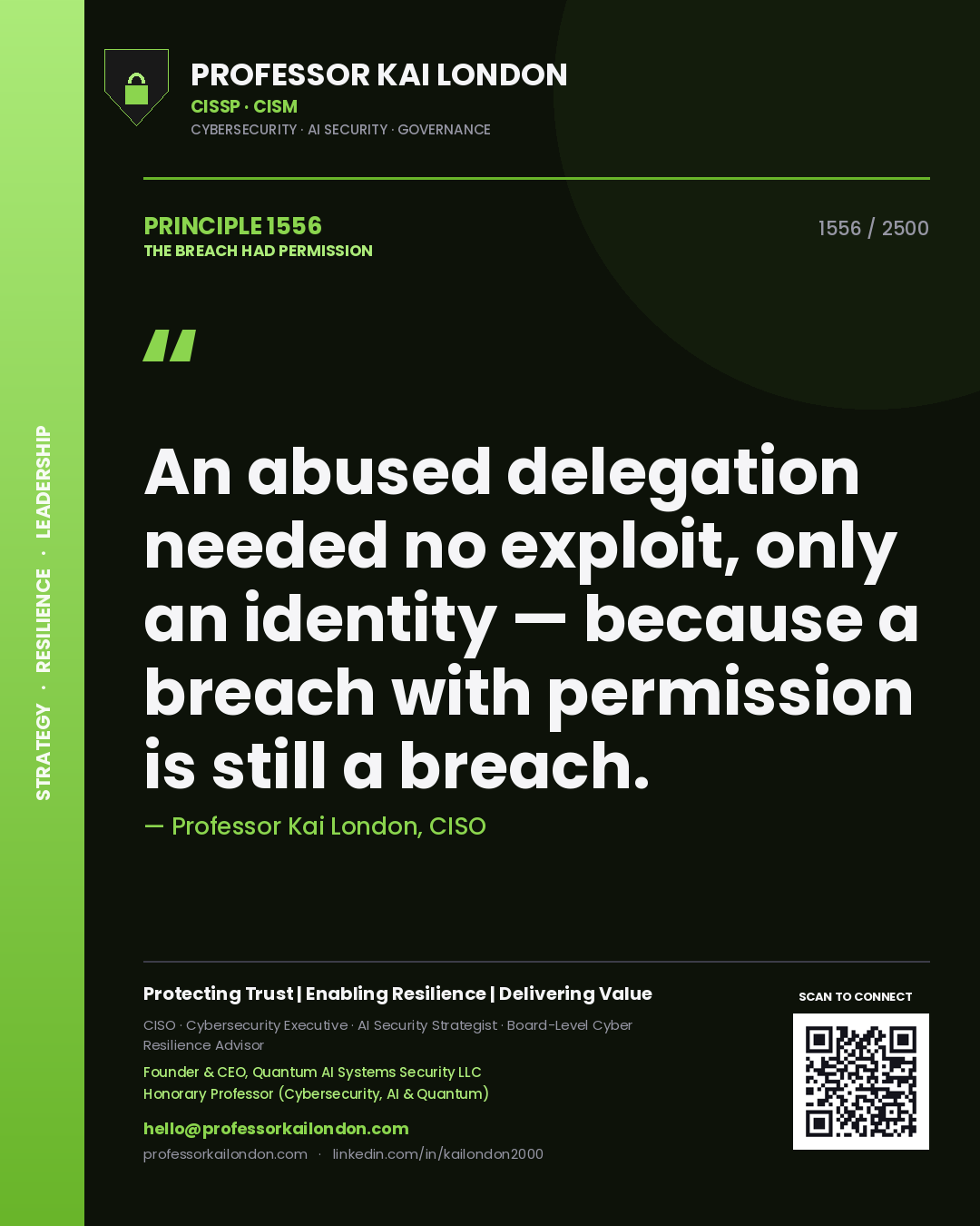 Professor Kai London principle 1556: An abused delegation needed no exploit, only an identity — because a breach with permission is still a breach.