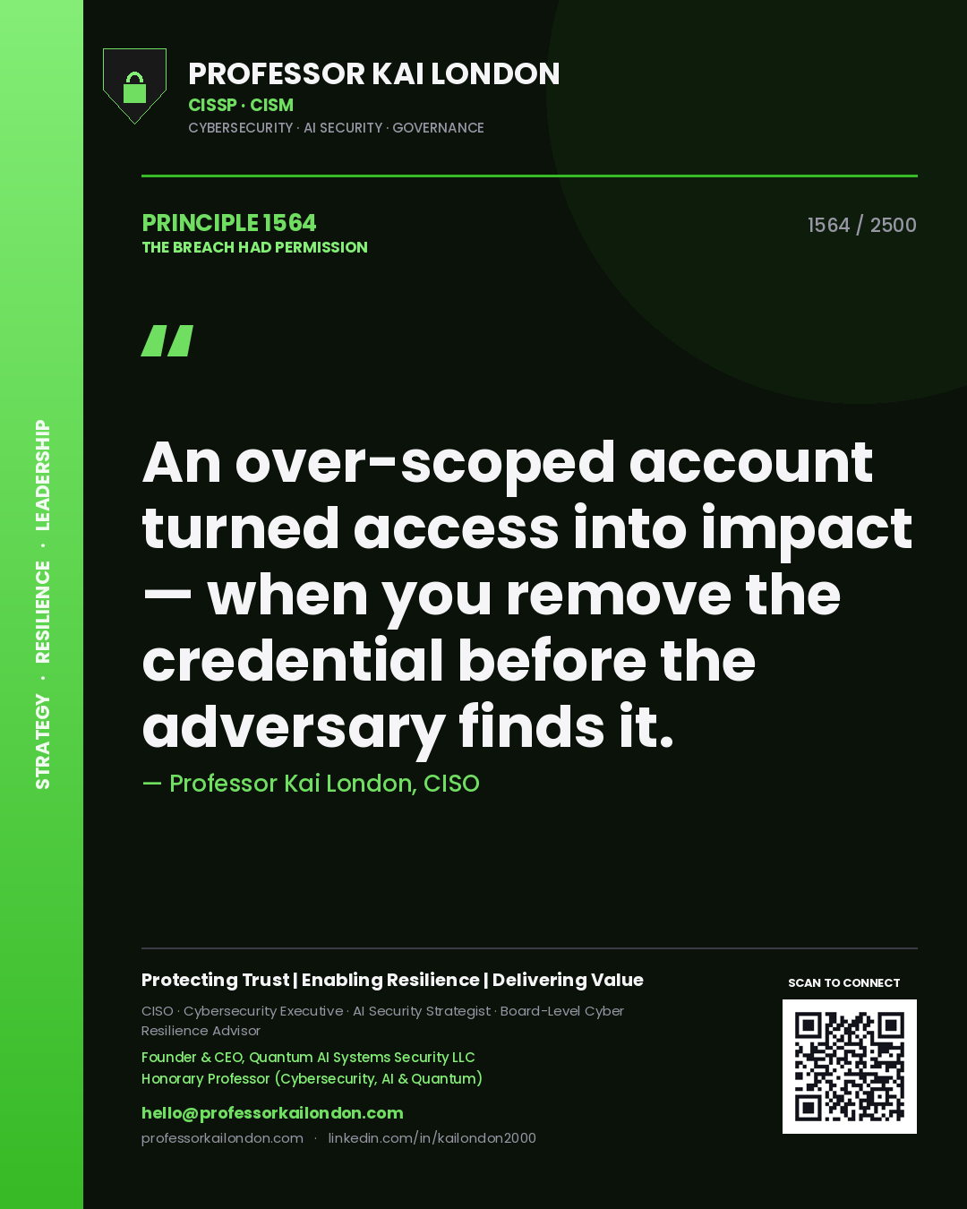 Professor Kai London principle 1564: An over-scoped account turned access into impact — when you remove the credential before the adversary finds it.