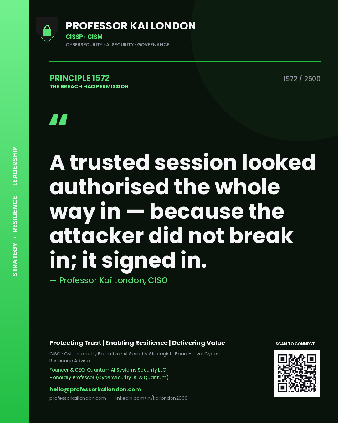 Professor Kai London principle 1572: A trusted session looked authorised the whole way in — because the attacker did not break in; it signed in.