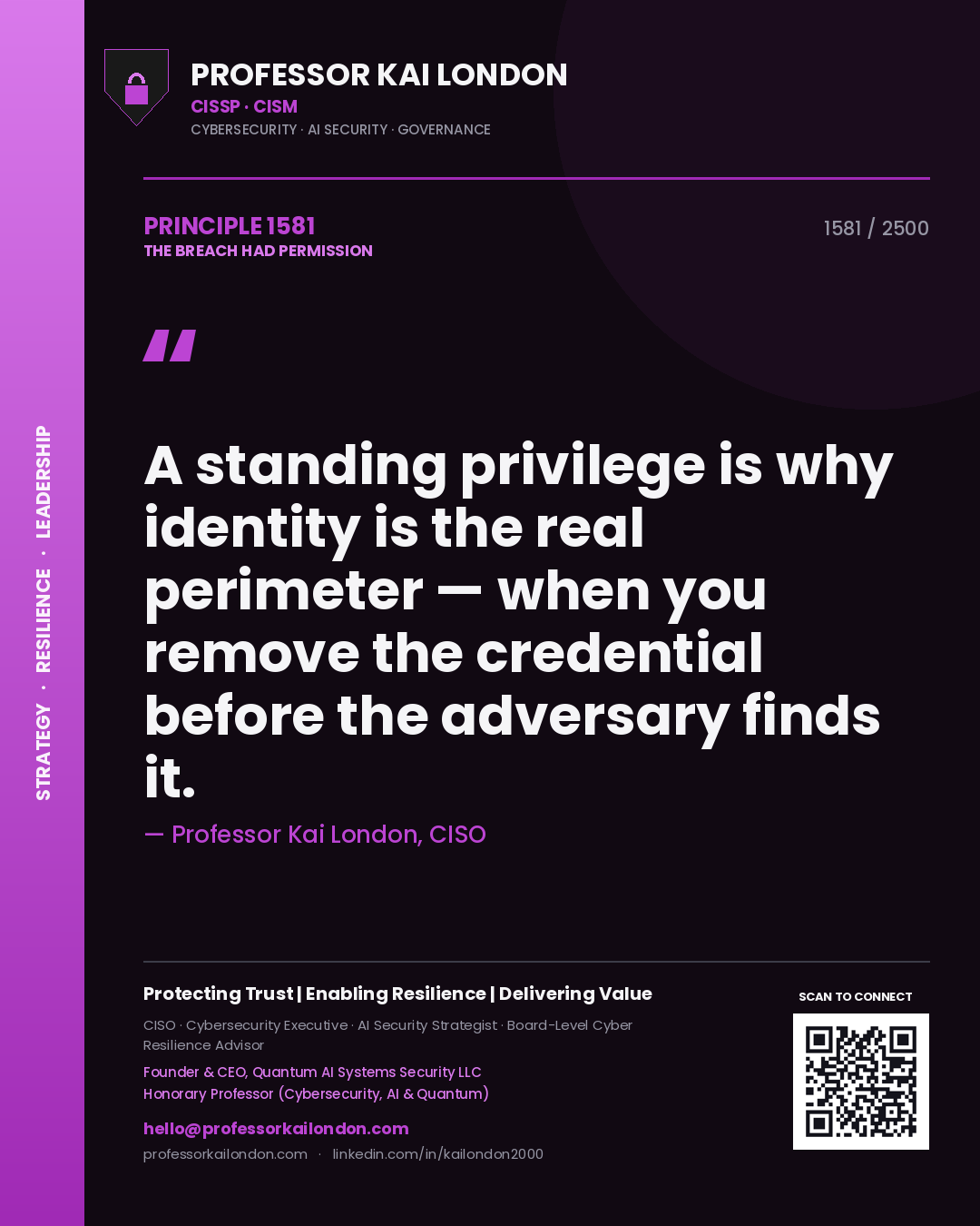 Professor Kai London principle 1581: A standing privilege is why identity is the real perimeter — when you remove the credential before the adversary finds it.