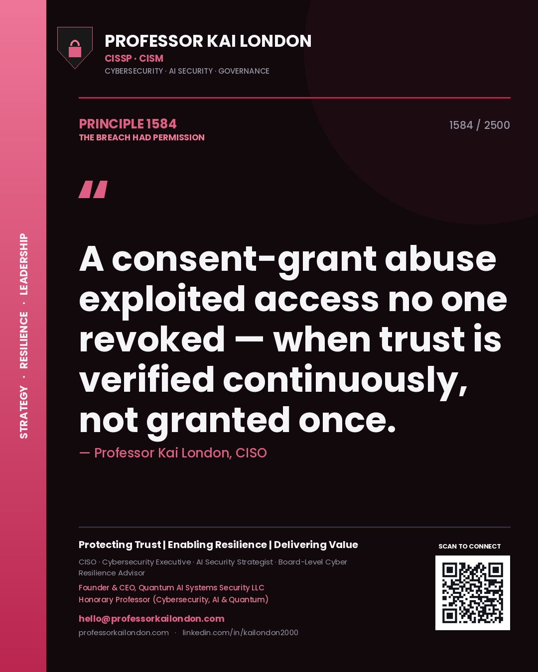 Professor Kai London principle 1584: A consent-grant abuse exploited access no one revoked — when trust is verified continuously, not granted once.