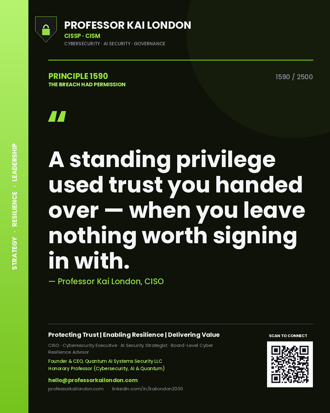 Professor Kai London principle 1590: A standing privilege used trust you handed over — when you leave nothing worth signing in with.