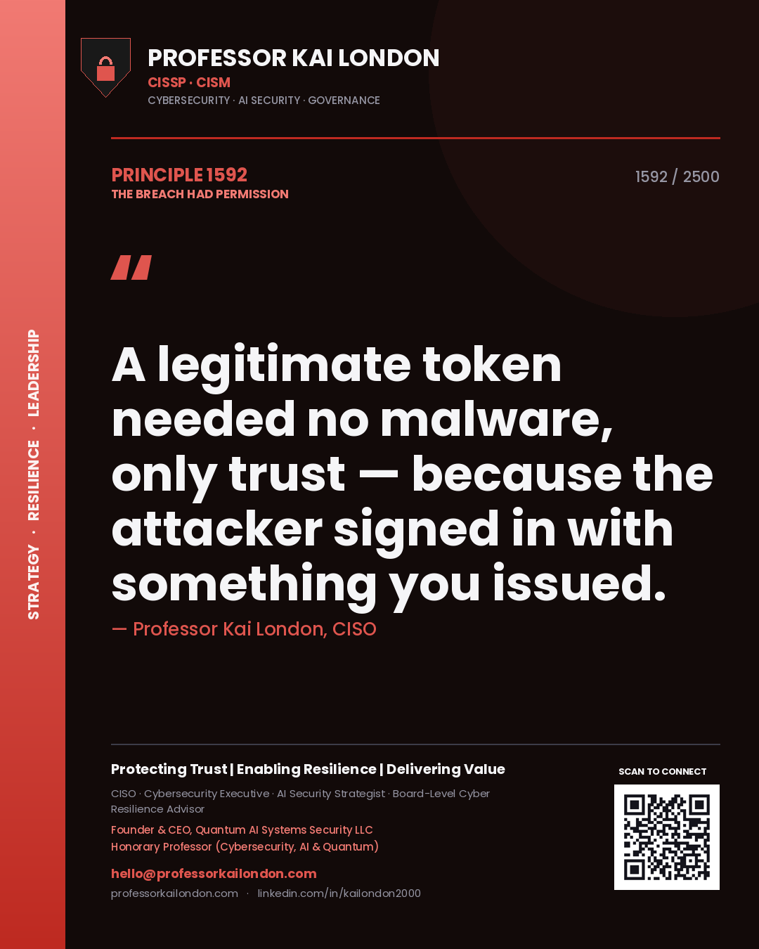 Professor Kai London principle 1592: A legitimate token needed no malware, only trust — because the attacker signed in with something you issued.