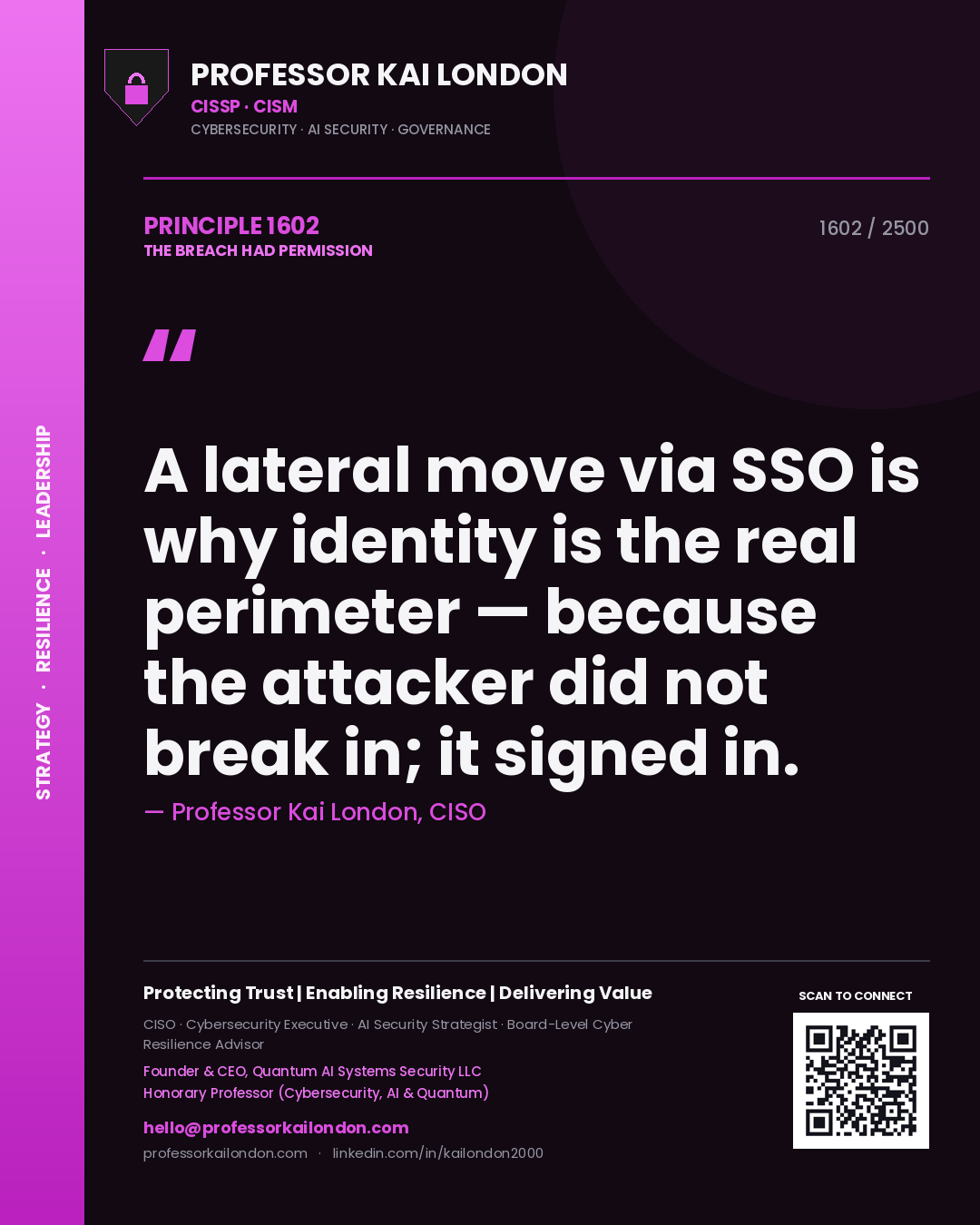 Professor Kai London principle 1602: A lateral move via SSO is why identity is the real perimeter — because the attacker did not break in; it signed in.