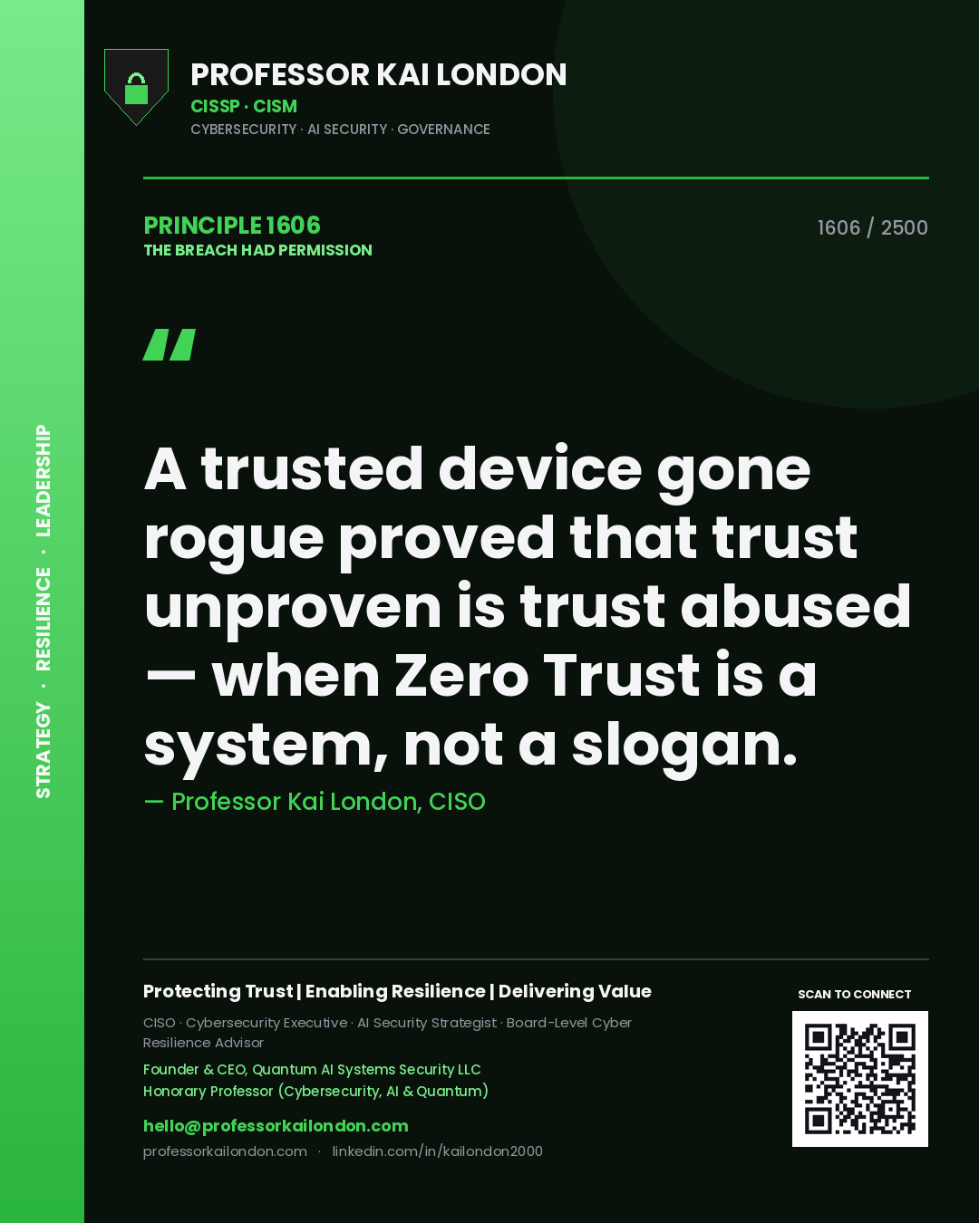Professor Kai London principle 1606: A trusted device gone rogue proved that trust unproven is trust abused — when Zero Trust is a system, not a slogan.