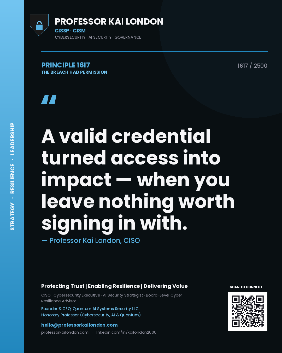 Professor Kai London principle 1617: A valid credential turned access into impact — when you leave nothing worth signing in with.