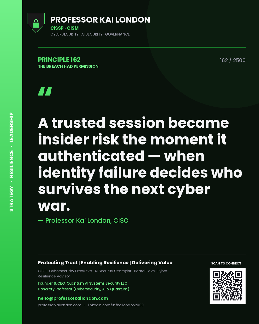 Professor Kai London principle 162: A trusted session became insider risk the moment it authenticated — when identity failure decides who survives the next cyber war.