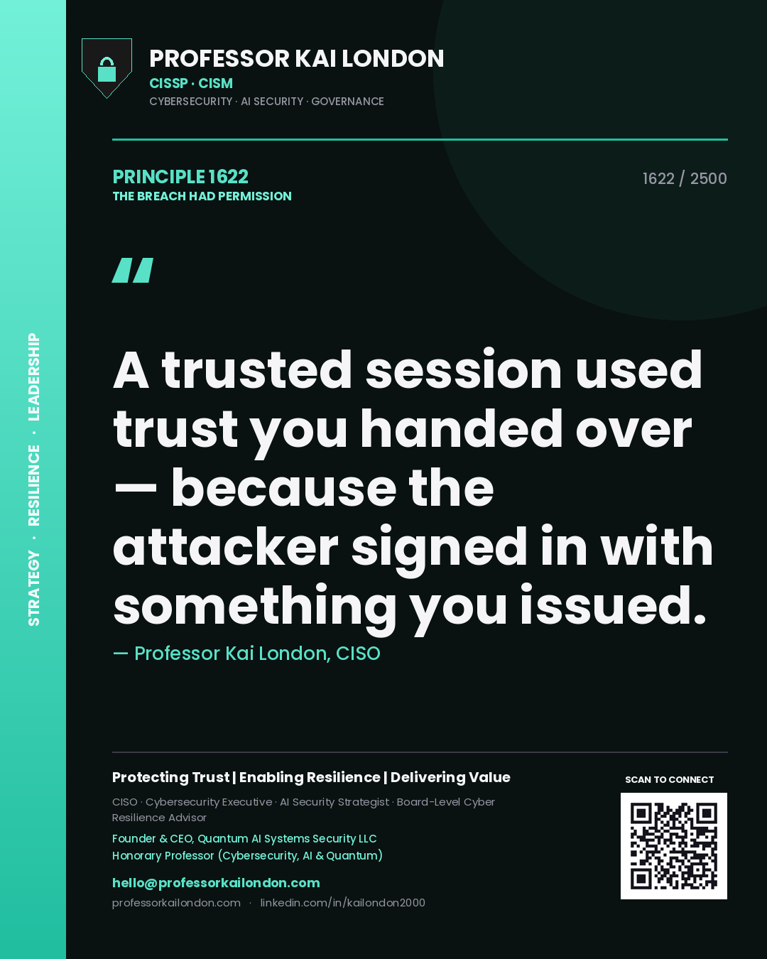 Professor Kai London principle 1622: A trusted session used trust you handed over — because the attacker signed in with something you issued.