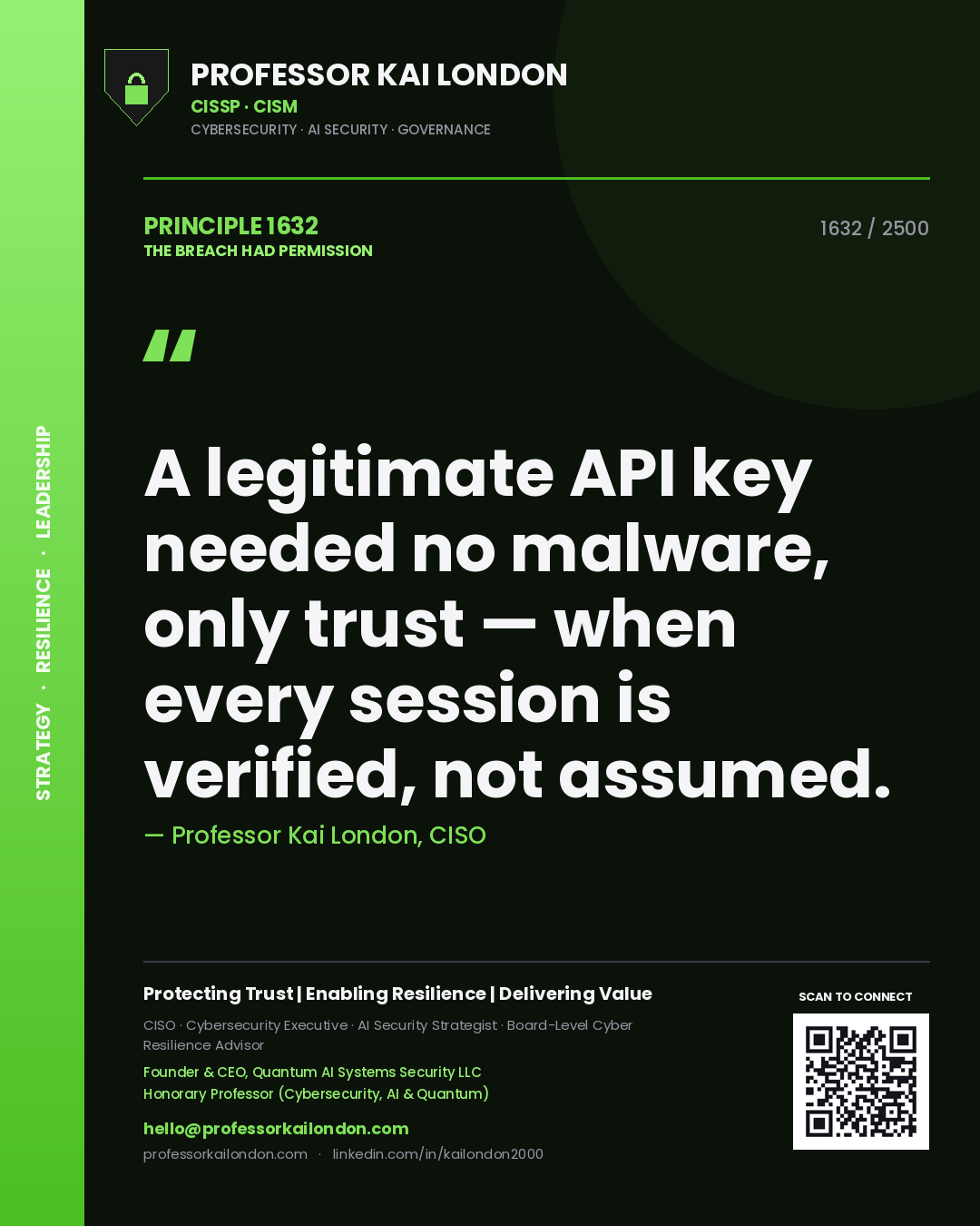 Professor Kai London principle 1632: A legitimate API key needed no malware, only trust — when every session is verified, not assumed.