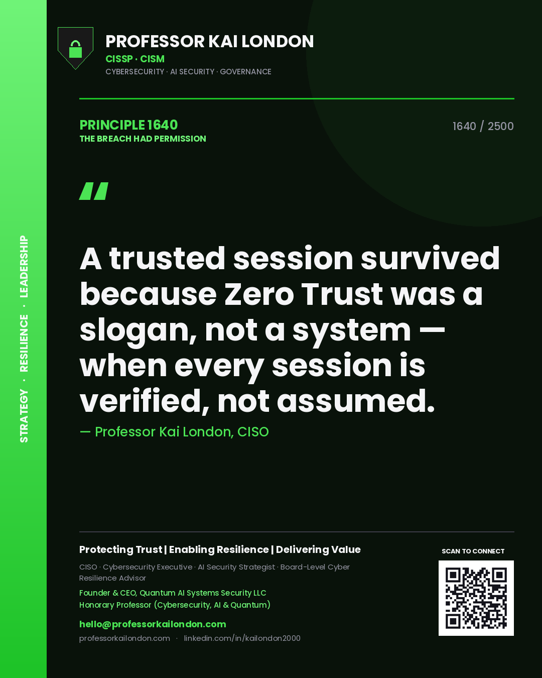 Professor Kai London principle 1640: A trusted session survived because Zero Trust was a slogan, not a system — when every session is verified, not assumed.