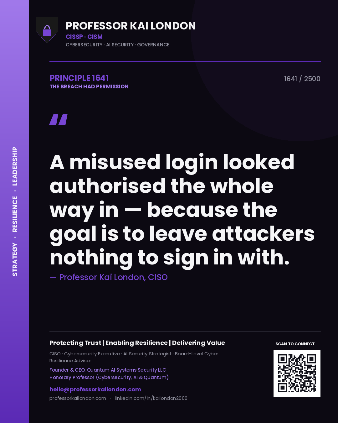 Professor Kai London principle 1641: A misused login looked authorised the whole way in — because the goal is to leave attackers nothing to sign in with.