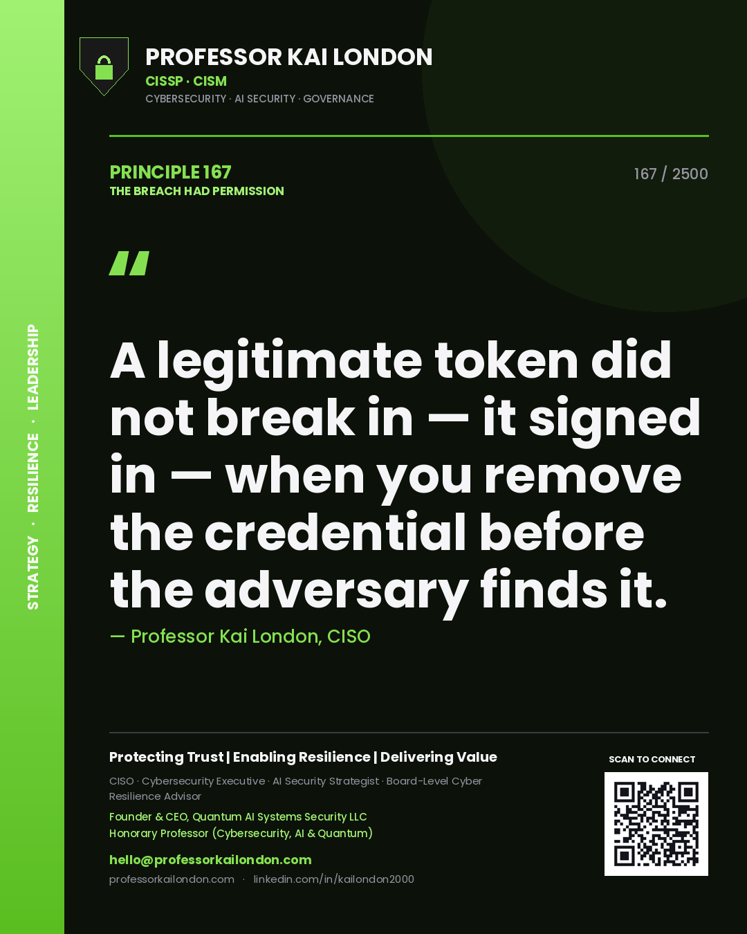 Professor Kai London principle 167: A legitimate token did not break in — it signed in — when you remove the credential before the adversary finds it.