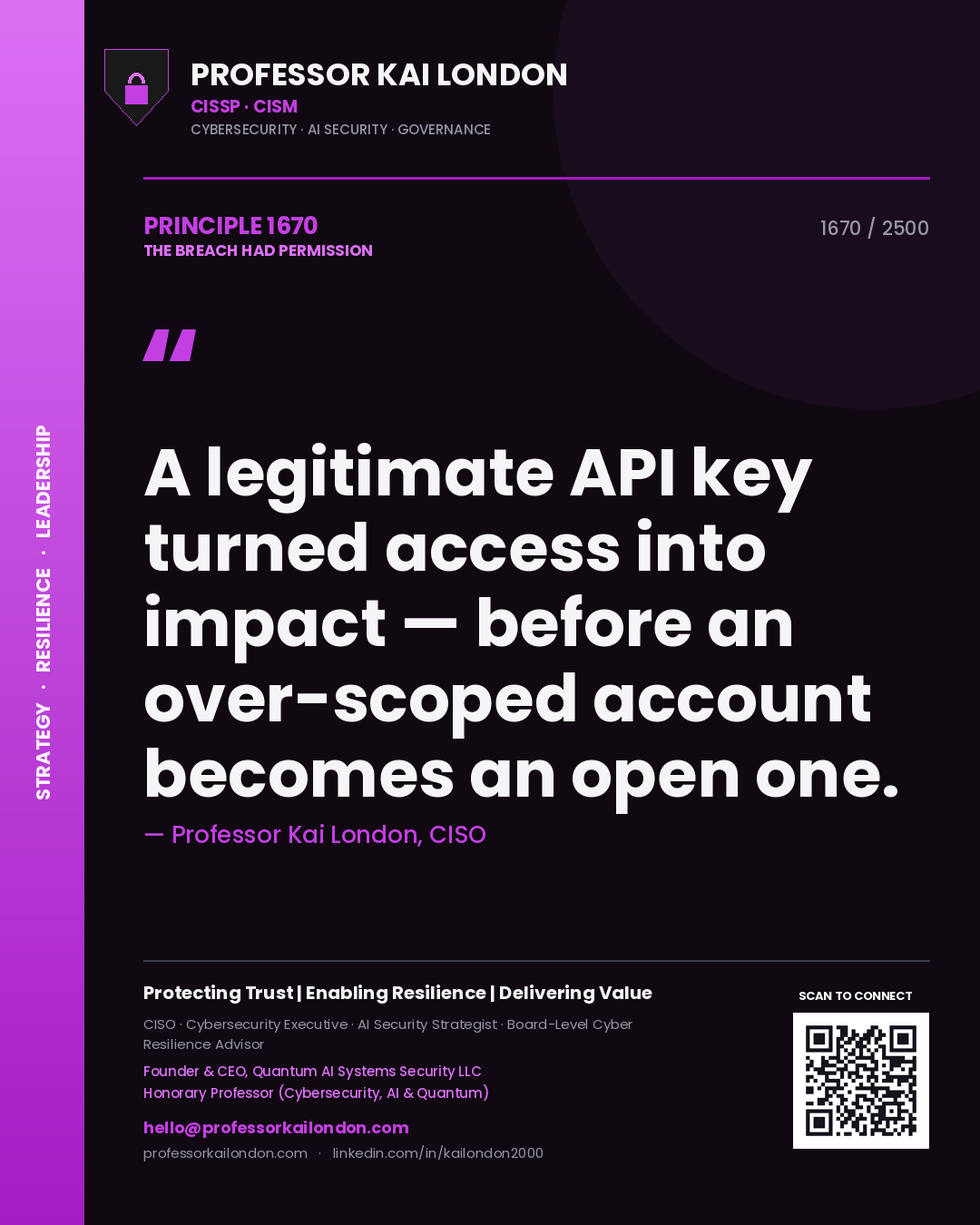 Professor Kai London principle 1670: A legitimate API key turned access into impact — before an over-scoped account becomes an open one.