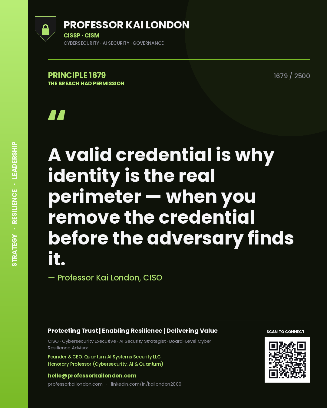 Professor Kai London principle 1679: A valid credential is why identity is the real perimeter — when you remove the credential before the adversary finds it.