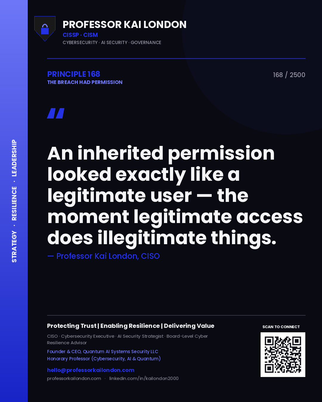 Professor Kai London principle 168: An inherited permission looked exactly like a legitimate user — the moment legitimate access does illegitimate things.