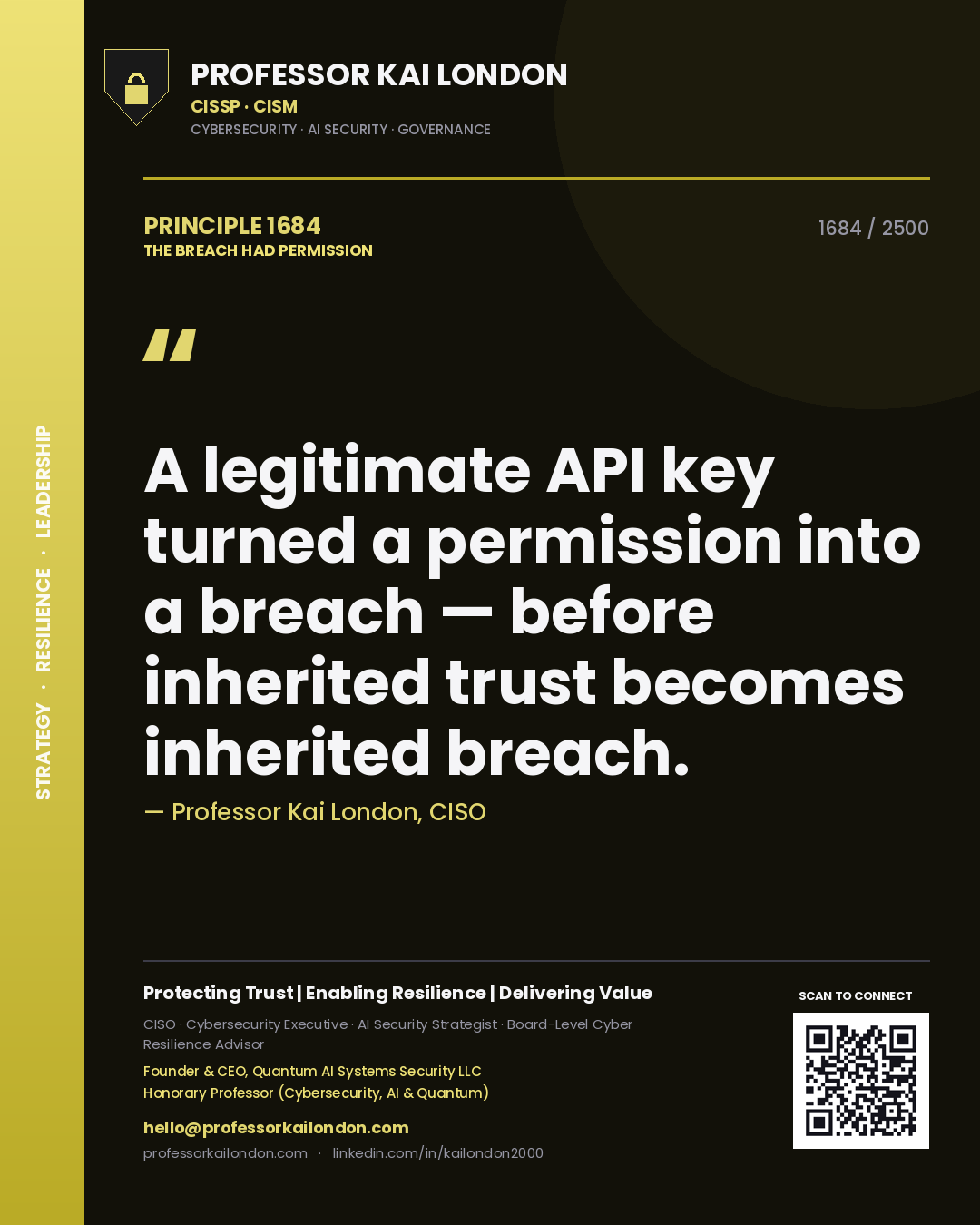 Professor Kai London principle 1684: A legitimate API key turned a permission into a breach — before inherited trust becomes inherited breach.