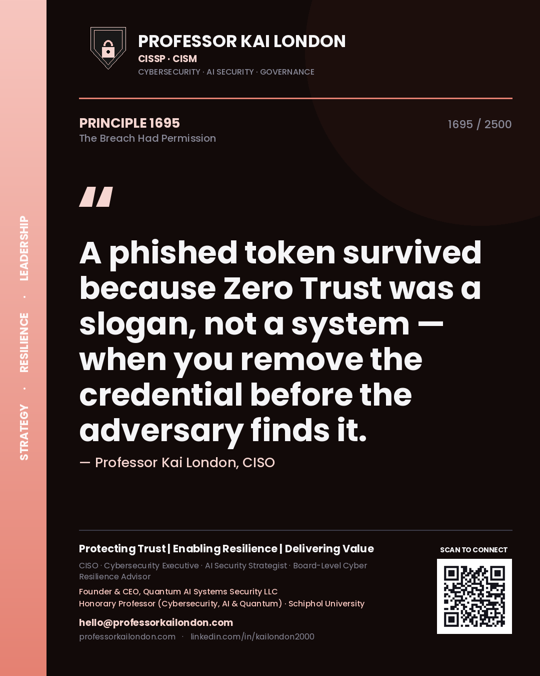 Professor Kai London principle 1695: A phished token survived because Zero Trust was a slogan, not a system — when you remove the credential before the adversary finds it.