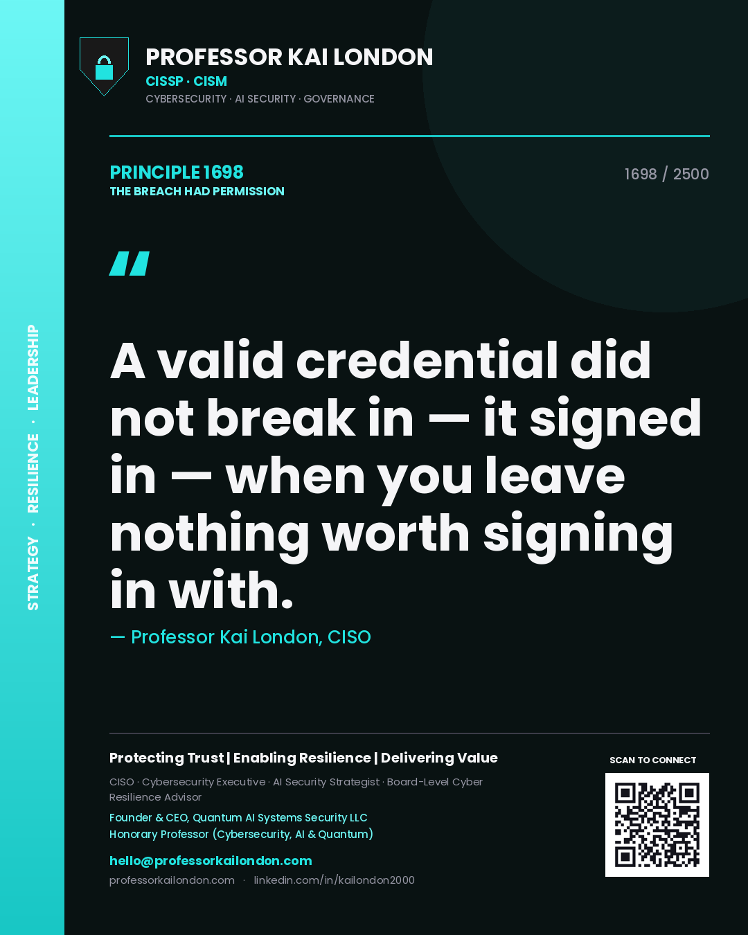 Professor Kai London principle 1698: A valid credential did not break in — it signed in — when you leave nothing worth signing in with.