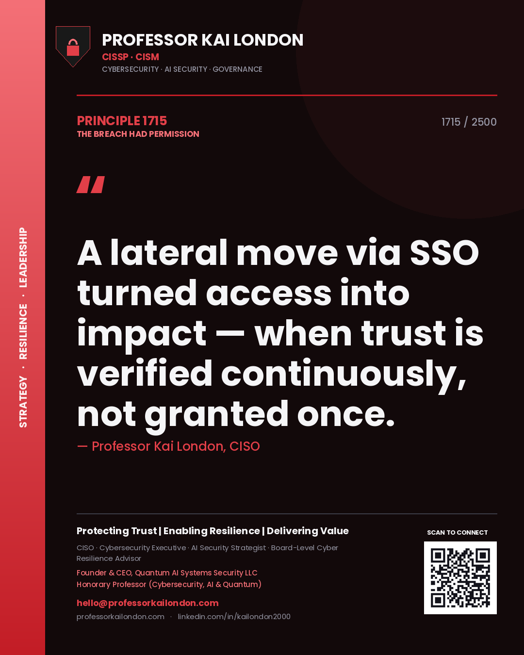 Professor Kai London principle 1715: A lateral move via SSO turned access into impact — when trust is verified continuously, not granted once.