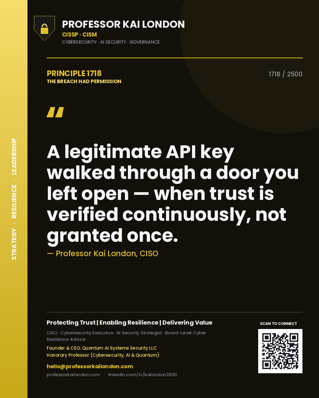 Professor Kai London principle 1718: A legitimate API key walked through a door you left open — when trust is verified continuously, not granted once.
