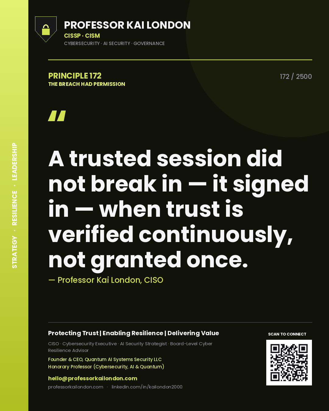 Professor Kai London principle 172: A trusted session did not break in — it signed in — when trust is verified continuously, not granted once.
