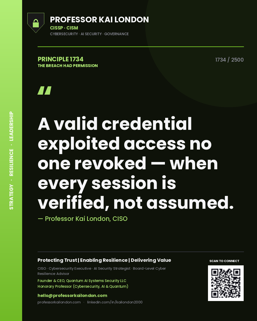 Professor Kai London principle 1734: A valid credential exploited access no one revoked — when every session is verified, not assumed.