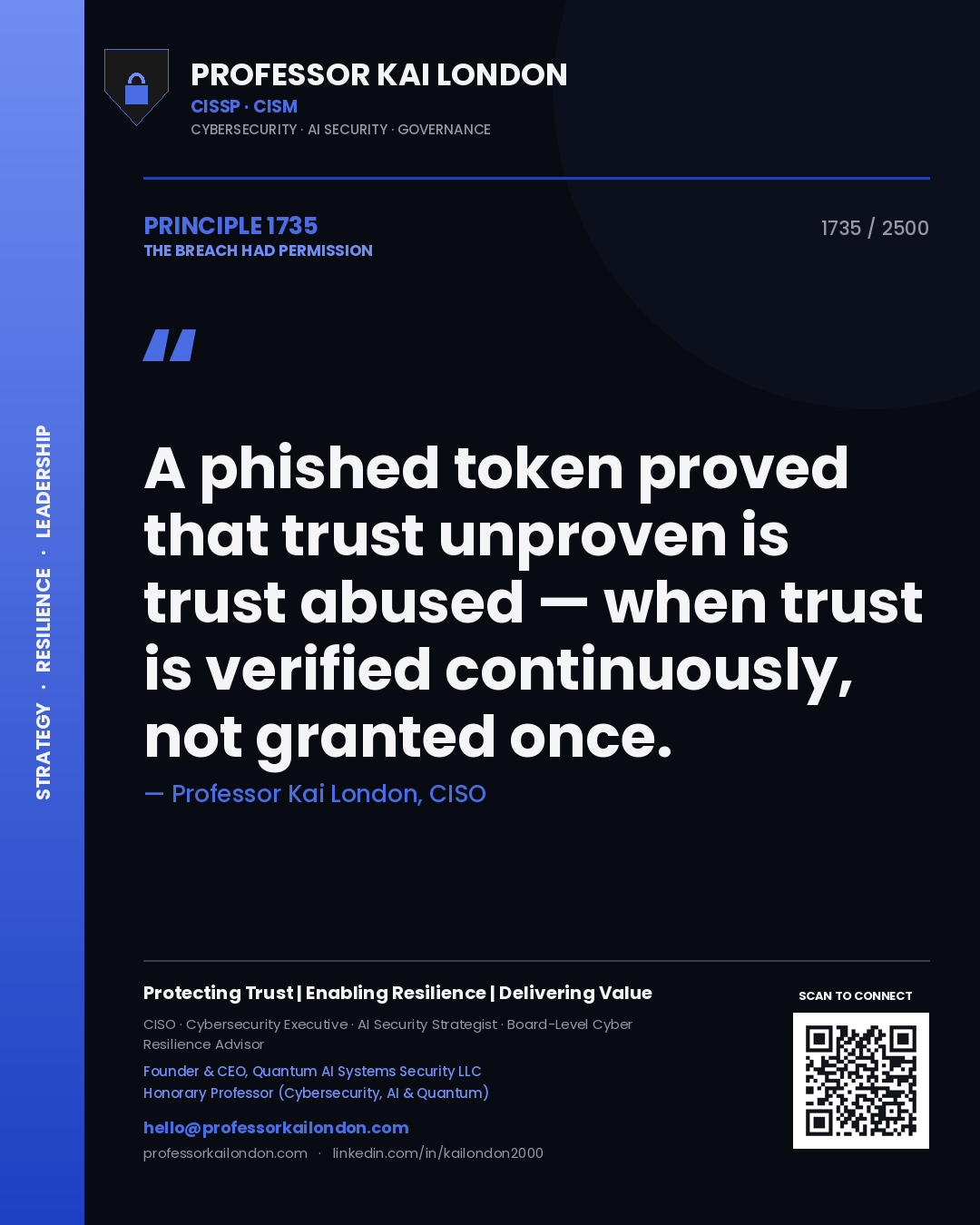 Professor Kai London principle 1735: A phished token proved that trust unproven is trust abused — when trust is verified continuously, not granted once.