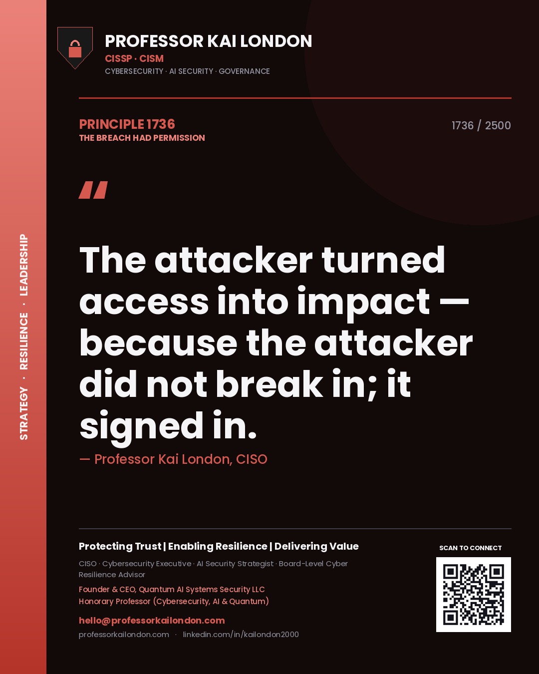 Professor Kai London principle 1736: The attacker turned access into impact — because the attacker did not break in; it signed in.