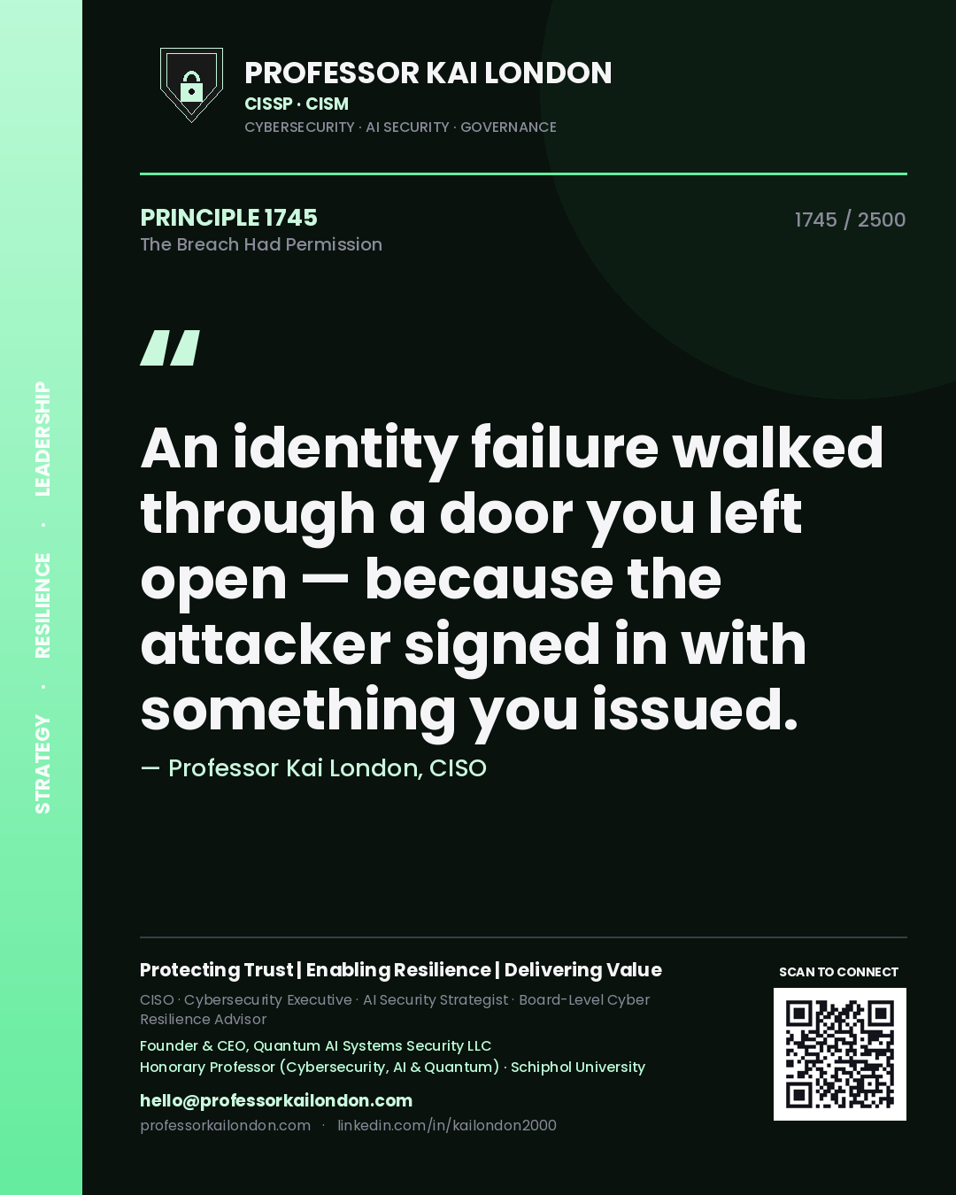 Professor Kai London principle 1745: An identity failure walked through a door you left open — because the attacker signed in with something you issued.