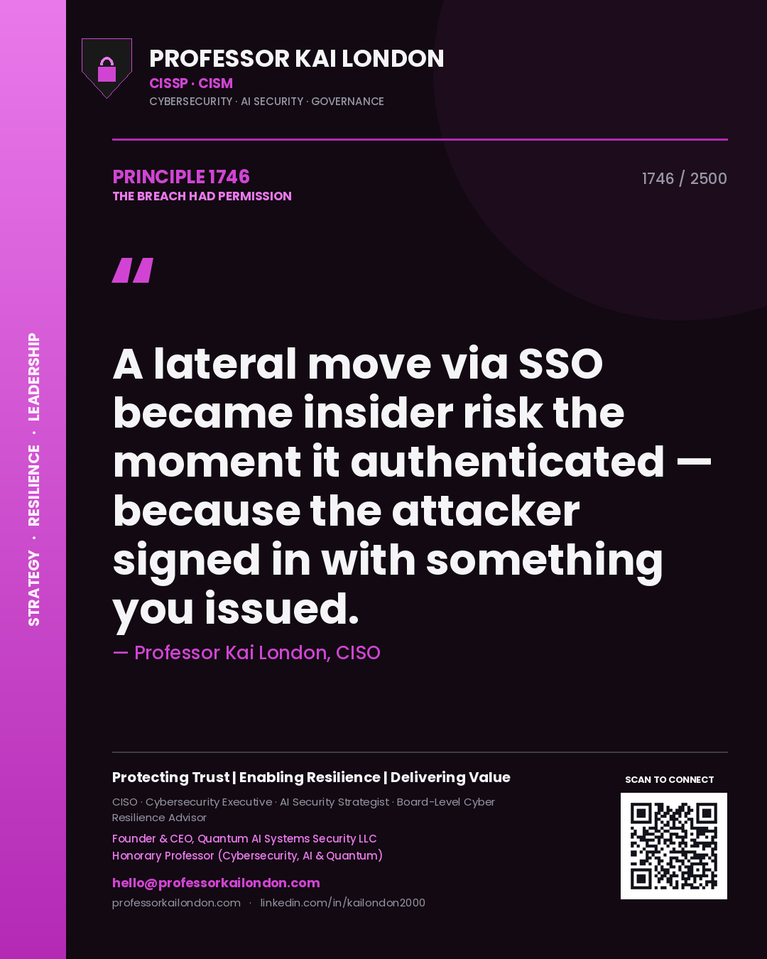 Professor Kai London principle 1746: A lateral move via SSO became insider risk the moment it authenticated — because the attacker signed in with something you issued.