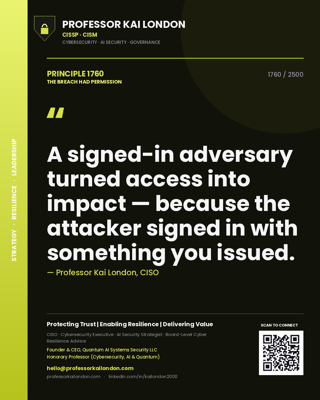 Professor Kai London principle 1760: A signed-in adversary turned access into impact — because the attacker signed in with something you issued.