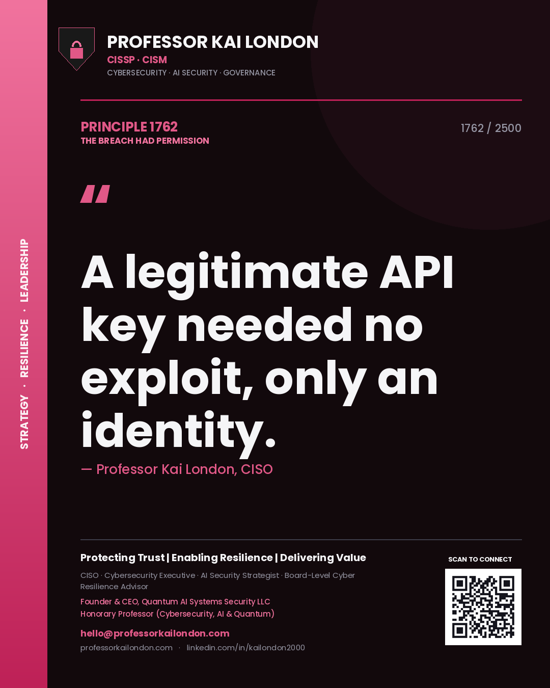 Professor Kai London principle 1762: A legitimate API key needed no exploit, only an identity.